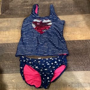 Justice size 18 tankini blue and silver floppy sequins heart